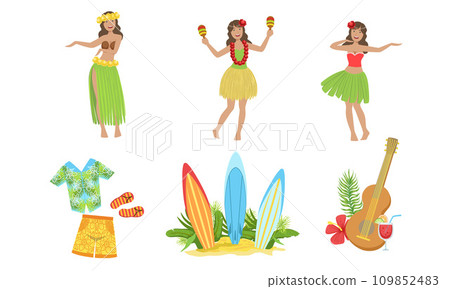 Collection of Traditional Symbols of Hawaiian Culture, Beautiful Girls Dancing in Traditional Costume Vector Illustration 109852483