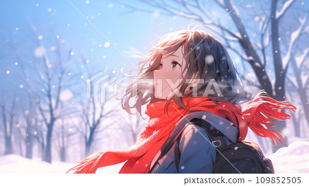 Illustration of winter and women, high school girl looking at the snowy sky AI generated image Illustration of winter and women, high school girl looking at the snowy sky AI generated image 109852505
