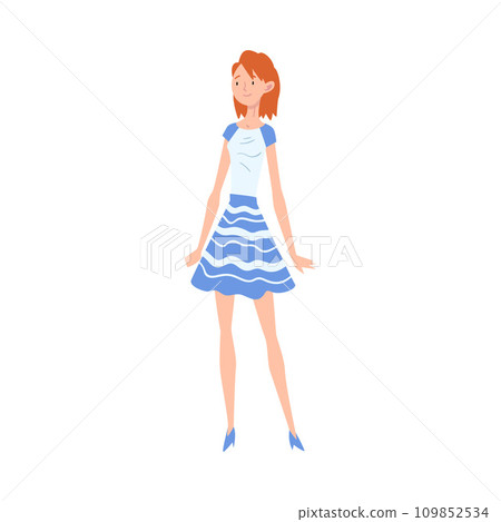 Smiling Red Haired Girl Wearing Blue and White Dress Cartoon Vector Illustration 109852534