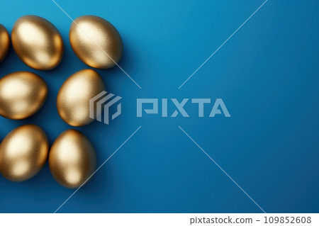 Easter golden eggs on blue background. Religion tradition. Generative AI Easter golden eggs on blue background. Religion tradition. Generative AI 109852608