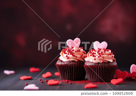 Valentines Day cupcakes decorated red hearts on pink background. Generative AI 109852609