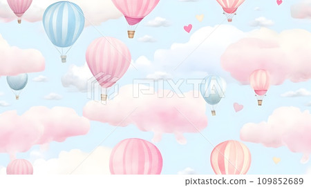 Colorful balloons floating in a candy-colored sky, peaceful, playful, watercolor seamless pattern Colorful balloons floating in a candy-colored sky, peaceful, playful, watercolor seamless pattern 109852689