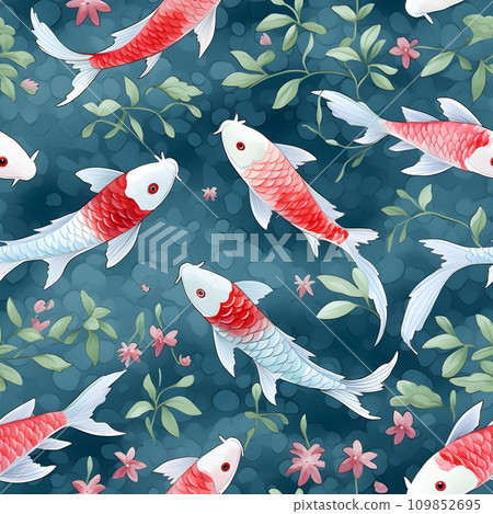 Koi Fish Seamless Pattern, Aquatic Illustration, Oriental Style, Tranquil Underwater Design 109852695