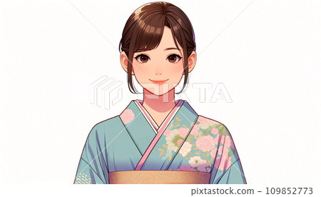 Illustration of a young woman wearing a long-sleeved kimono (AI generated) 109852773