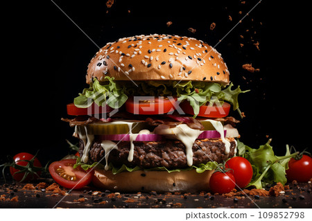 AI-generated content. Flying slice of hot pizza with stretchy cheese 109852798