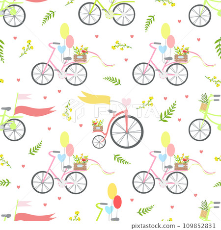 Vintage Bikes with Flowers and Balloons Seamless Pattern Vector Illustration Vintage Bikes with Flowers and Balloons Seamless Pattern Vector Illustration 109852831