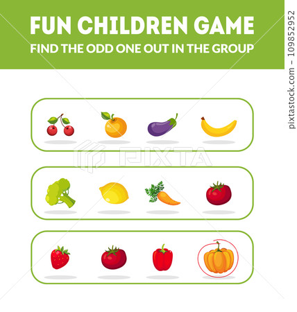 Fun Children Game, Find the Odd One Out in the Group , Educational Game for Preschool Kids Vector Illustration 109852952