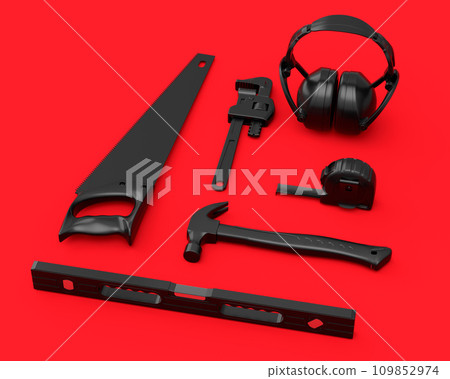 Top view of monochrome construction tools for repair on red background Top view of monochrome construction tools for repair on red background 109852974