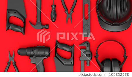 Top view of monochrome construction tools for repair on red background 109852978