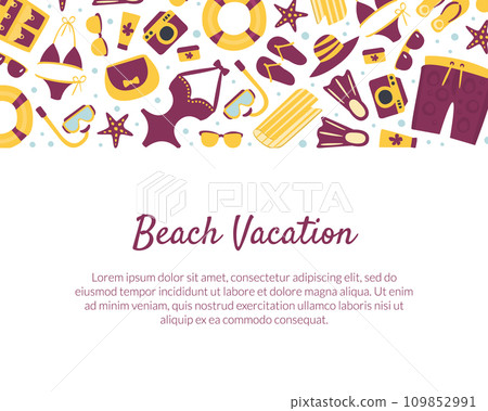 Beach Vacation Banner Template, Summertime Traveling Card with Summer Accessories and Place for Text Vector Illustration Beach Vacation Banner Template, Summertime Traveling Card with Summer Accessories and Place for Text Vector Illustration 109852991