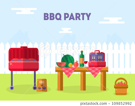 Bbq Party Banner Template, Outdoor Picnic Elements, Barbecue Invitation Card, Food Flyer Vector Illustration 109852992
