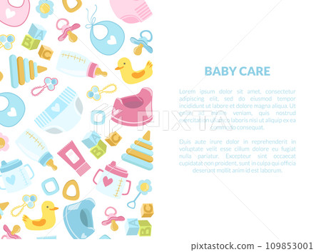 Baby Care Banner Template with Newborn Accessories and Place for Text Vector Illustration 109853001