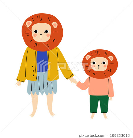 Mother Lion and her Kid Standing and Holding Hands, Loving Parent Animal and Adorable Child Humanized Characters Vector Illustration Mother Lion and her Kid Standing and Holding Hands, Loving Parent Animal and Adorable Child Humanized Characters Vector Illustration 109853013