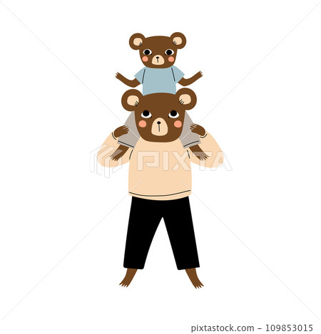 Father Bear and his Kid, Cute Baby Sitting on Fathers Shoulders, Loving Parent Animal and Adorable Child Humanized Characters Vector Illustration Father Bear and his Kid, Cute Baby Sitting on Fathers Shoulders, Loving Parent Animal and Adorable Child Humanized Characters Vector Illustration 109853015