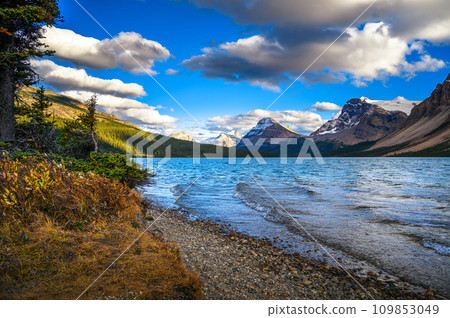Bow Lake with waves in Banff National Park, Canada 109853049