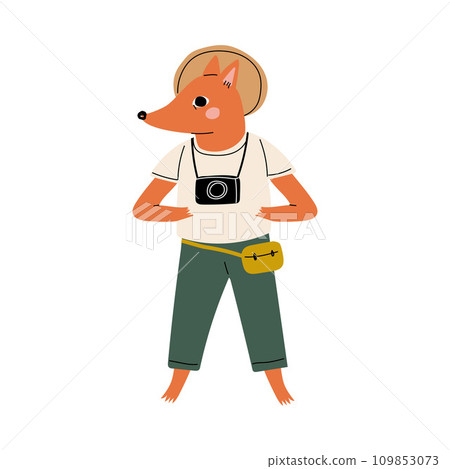 Cute Fox Tourist Standing with Camera, Funny Humanized Animal Cartoon Character on Vacation Vector Illustration 109853073