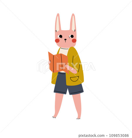 Cute Bunny Standing with Map, Funny Humanized Animal Cartoon Character Travelling on Vacation Vector Illustration 109853086