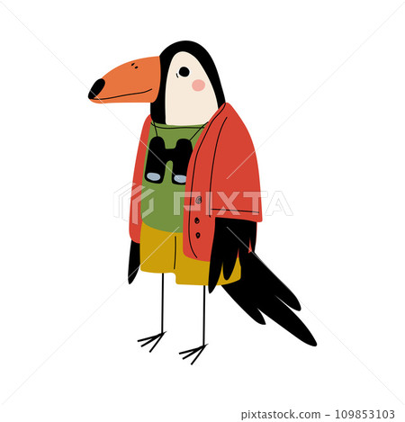 Cute Parrot Tourist with Binoculars, Funny Humanized Animal Cartoon Character with Luggage Going on Vacation Vector Illustration 109853103