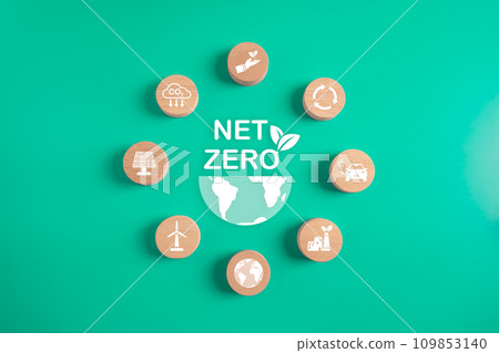 net zero and global warming concept.net zero and wooden blocks of factors icons to help global warming problem.CO2 emission and pollution reduction. net zero and global warming concept.net zero and wooden blocks of factors icons to help global warming problem.CO2 emission and pollution reduction. 109853140