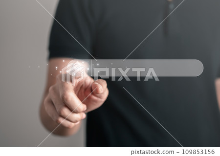 Business man searching information data on internet on toolbar browser. Searching technology and data information concept. Business man searching information data on internet on toolbar browser. Searching technology and data information concept. 109853156