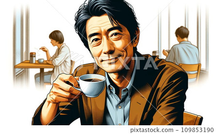 一名男子在咖啡館拿著咖啡杯（AI 生成） 109853190