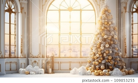 Luxurious Christmas tree in a baroque-style room with golden ornaments and tall windows Luxurious Christmas tree in a baroque-style room with golden ornaments and tall windows 109853255