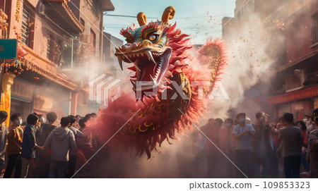 Dragon dance show for Chinese New Year celebration in the city streets 109853323