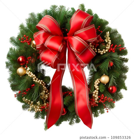 Festive Christmas wreath adorned with a large red ribbon, golden baubles, and holly berries, white background Festive Christmas wreath adorned with a large red ribbon, golden baubles, and holly berries, white background 109853326