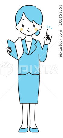 Light blue | Woman in suit holding beginner's mark | Pointing 109853359