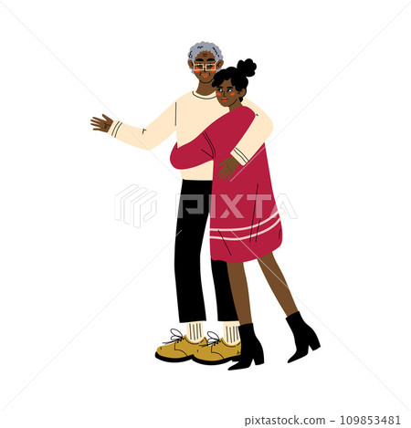 Old Father with Adult Daughter, Young Woman Hugging Her Dad, Happy African American Family Concept Vector Illustration 109853481