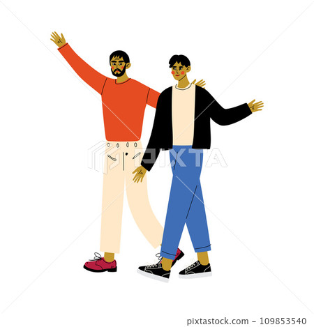 Father and His Adult Son, Dad Hugging His Son while They Walking, Happy Family Concept Vector Illustration 109853540
