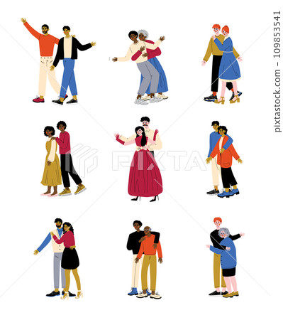 Parents and Adult Children Set, Mother and Father Hugging Their Sons and Daughters, Happy Family Concept Vector Illustration 109853541