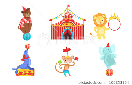 Circus Performers Characters Set, Marquee, Circus Animals, Lion, Bear, Monkey, Elephant Vector Illustration 109853564