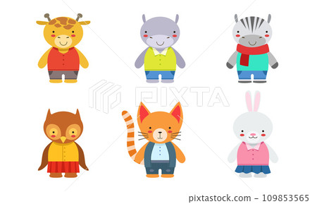 Cute Baby Animals Set, Giraffe, Hippo, Zebra, Owlet, Kitten, Bunny Vector Illustration 109853565