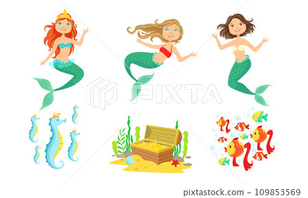 Cute Little Mermaids and Underwater World Elements Set, Fairytale Princess, Chest of Gold, Seahorses, Tropical Fishes Vector Illustration Cute Little Mermaids and Underwater World Elements Set, Fairytale Princess, Chest of Gold, Seahorses, Tropical Fishes Vector Illustration 109853569