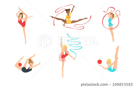 Colection of Gymnast Women Performing Rhythmic Gymnastics Elements with Balls and Ribbons Vector Illustration 109853583