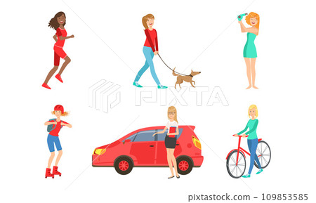 Young Women Daily Activities Set, Girls Shopping, Doing Sports, Walking with Dog, Drying Hair, Girl Rollerblading, Riding Bicycle, Driving Car Vector Illustration Young Women Daily Activities Set, Girls Shopping, Doing Sports, Walking with Dog, Drying Hair, Girl Rollerblading, Riding Bicycle, Driving Car Vector Illustration 109853585
