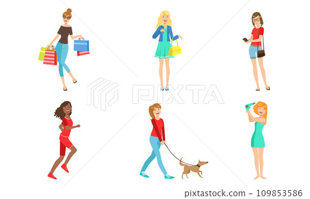 Young Women Daily Activities Set, Girls Shopping, Doing Sports, Walking with Dog, Drying Hair Vector Illustration Young Women Daily Activities Set, Girls Shopping, Doing Sports, Walking with Dog, Drying Hair Vector Illustration 109853586