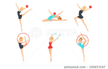 Colection of Gymnast Women Performing Rhythmic Gymnastics Elements with Ball, Ribbon and Clubs Vector Illustration 109853587