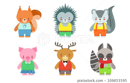 Cute Baby Animals Set, Badger, Fox, Hedgehog, Piglet, Deer, Raccoon Vector Illustration 109853595