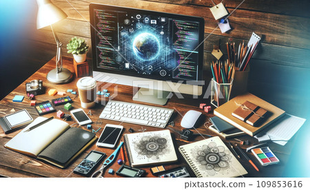 A computer displaying a graphic design 109853616