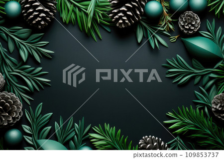 Creative frame of Christmas tree branches with green Christmas tree toys, pine cones on a black background. Greeting card for Christmas and New Year, winter holidays 109853737