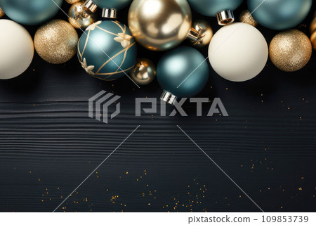 Christmas and New Year greeting card. Blue, white and gold Christmas tree balls on a dark wooden background with a copy space 109853739
