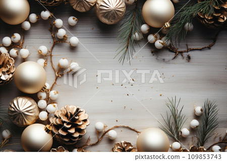 Christmas flat lay with copy space. Golden balls, spruce branches, white beads and cones on a light wooden background Christmas flat lay with copy space. Golden balls, spruce branches, white beads and cones on a light wooden background 109853743