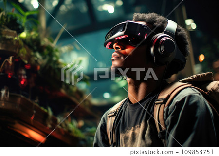Black African man wearing virtual reality glasses and overhead headphones in a fictional world 109853751