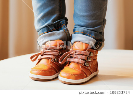 Close-up of children's orange brown leather shoes, dressed for a child 109853754