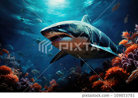 Great White Shark swimming underwater Great White Shark swimming underwater 109853781