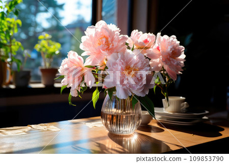 Luxurious bouquet of pink peonies in a vase on the table by the window. Cozy home decor Luxurious bouquet of pink peonies in a vase on the table by the window. Cozy home decor 109853790