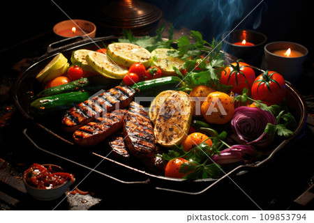 Juicy grilled vegetables served on a black plate Juicy grilled vegetables served on a black plate 109853794