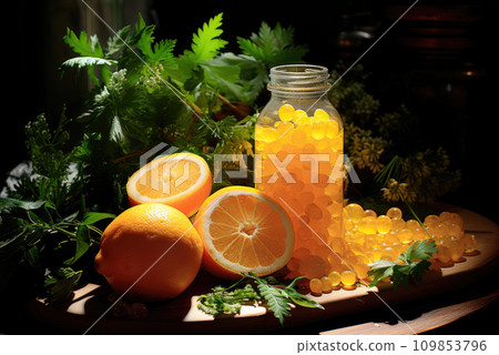 Vitamin C tablets or capsules in a glass bottle on the background of oranges on the table Vitamin C tablets or capsules in a glass bottle on the background of oranges on the table 109853796